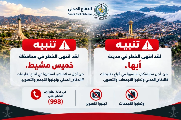 الدفاع المدني يعلن زوال الخطر في أبها وخميس مشيط بعد إطلاق إنذارات قبل قليل عبر منصة الإنذار المبكر