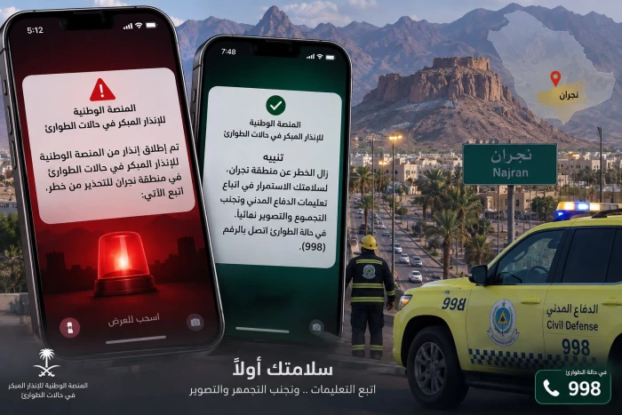 الدفاع المدني يعلن إطلاق الإنذار المبكر في حالات الطوارئ في منطقة نجران للتحذير من خطر