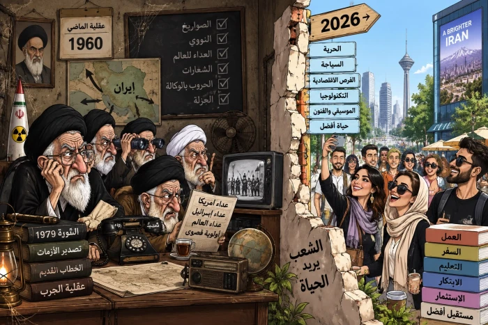 «شعب يتطلع للمستقبل.. ونظام رجعي عالق في الستينيات».. كاريكاتير ساخر عن إيران