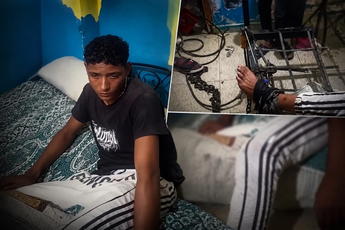 "أنا خلصت فلوسي على المصحات".. فيديو لأب مصري يربط ابنه المدمن بسلسلة من قدمه في المنزل