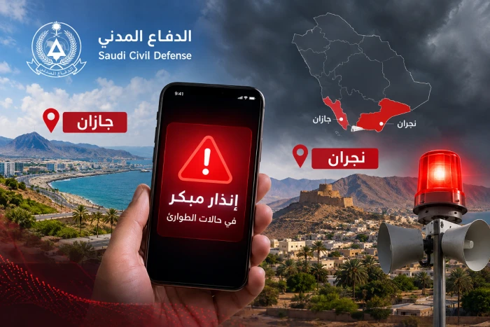 الدفاع المدني يعلن إطلاق الإنذار المبكر في حالات الطوارئ في منطقتي جازان ونجران  للتحذير من خطر