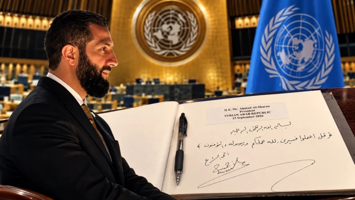 صورة : الشرع يكتب آية قرآنية بخط يده ويوقّع في سجل زوار الأمين العام للأمم المتحدة