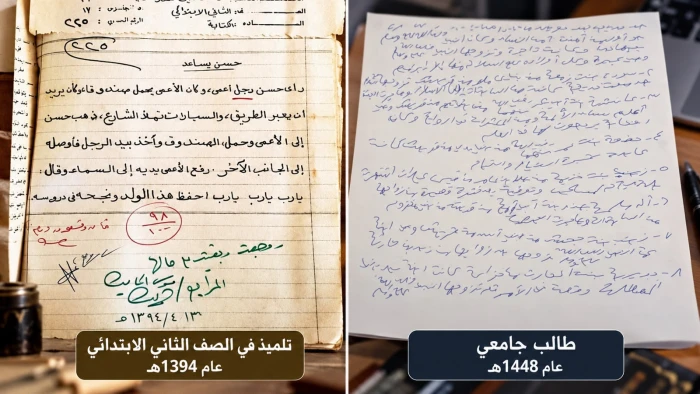 صورة  متداولة لخط طالب في الصف الثاني الابتدائي عام 1394هـ وآخر جامعي عام 1448هـ