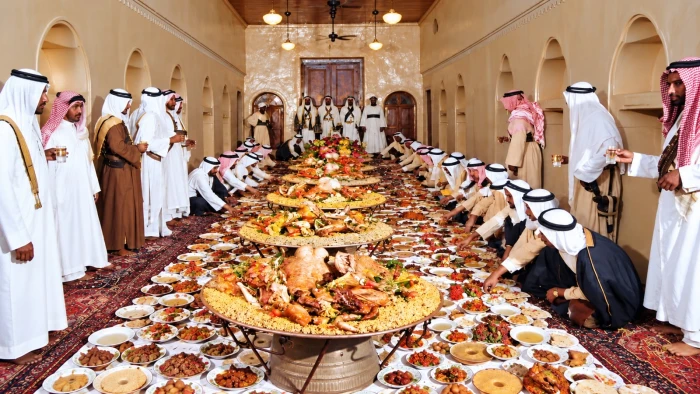 صورة نادرة لمأدبة غداء ضخمة قبل 75 عامًا في السعودية.. والكشف عن مناسبتها وتساؤلات حول سر تقديم الماء وقوفًا!