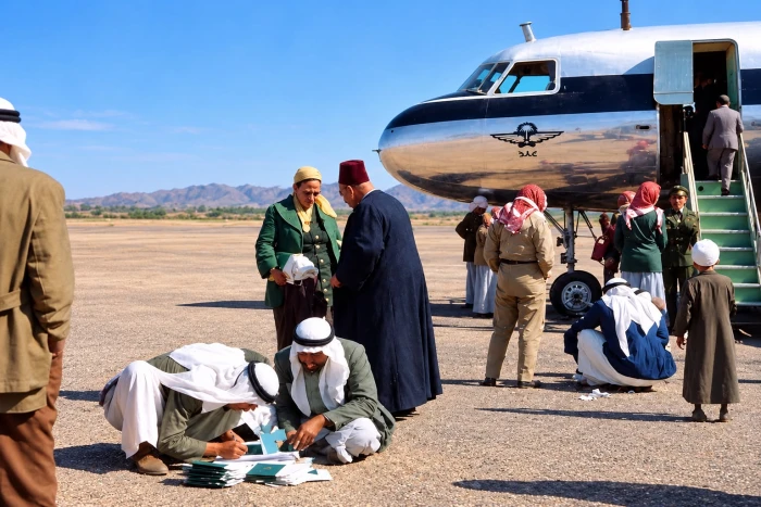 صورة قديمة لموظف جوازات سعودي يفترش أرض المطار ويقيد أسماء المسافرين بالمدينة.. والكشف عن تاريخها ومناسبتها