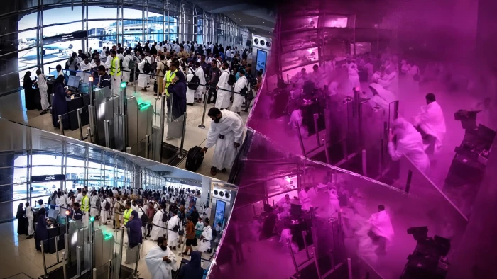 ‏بالفيديو.. لقطات من زاوية أخرى  توثق لحظة الاعتداء الحوثي على المدنيين والمعتمرين داخل مطار الملك خالد الدولي بالرياض