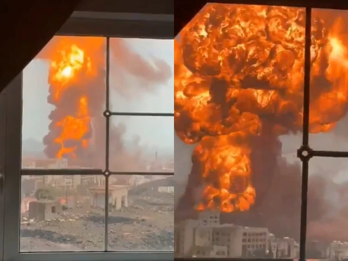 فيديو من زاوية قريبة لحظة استهداف محطة الصباحة النفطية التابعة للحوثيين في صنعاء