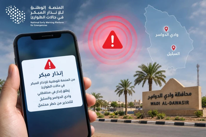 إطلاق إنذار عبر المنصة الوطنية للإنذار المبكر في محافظتي وادي الدواسر والسليل للتحذير من خطر محتمل