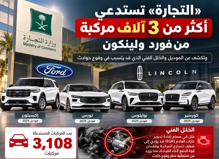 «التجارة» تستدعي أكثر من 3 آلاف مركبة من فورد ولينكون.. وتكشف عن الموديل والخلل الفني الذي قد يتسبب في وقوع حوادث