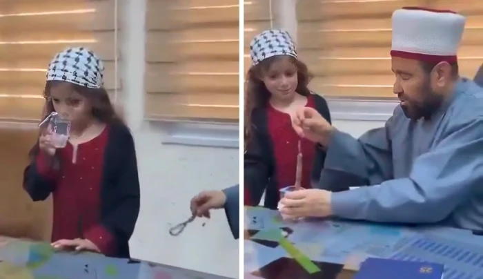 «تصرف غريب يثير الجدل».. بالفيديو: وزير الأوقاف الفلسطيني يغمس مسبحته في كوب ماء ويطلب من طفلة شربه لرقيتها من الحسد