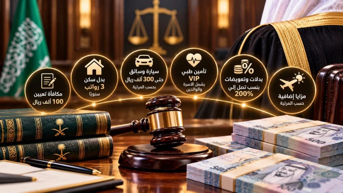 100 ألف ريال مكافأة  عند التعيين  وسيارة وبدل سكن وتأمين طبي VIP.. أبرز المزايا الواردة في مسودة اللائحة الوظيفية للقضاة