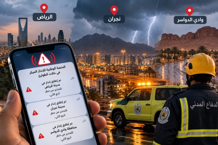 الدفاع المدني يعلن إطلاق إنذارات عبر المنصة الوطنية للإنذار المبكر في الرياض ونجران ووادي الدواسر للتحذير من خطر