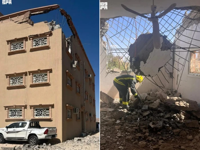 بالصور : الدفاع المدني يعلن عن  إصابتان وأضرار بـ3 مبانٍ سكنية و7 مركبات جراء سقوط شظايا صاروخين باليستيين في خميس مشيط وأحد رفيدة