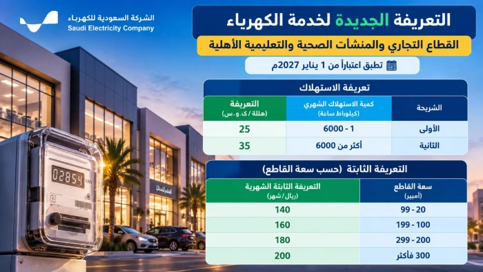 بدءًا من يناير 2027.. الكشف عن تعريفة الكهرباء الجديدة للقطاع التجاري والمنشآت الصحية والتعليمية الأهلية.. ورسوم شهرية ثابتة تصل إلى 200 ريال