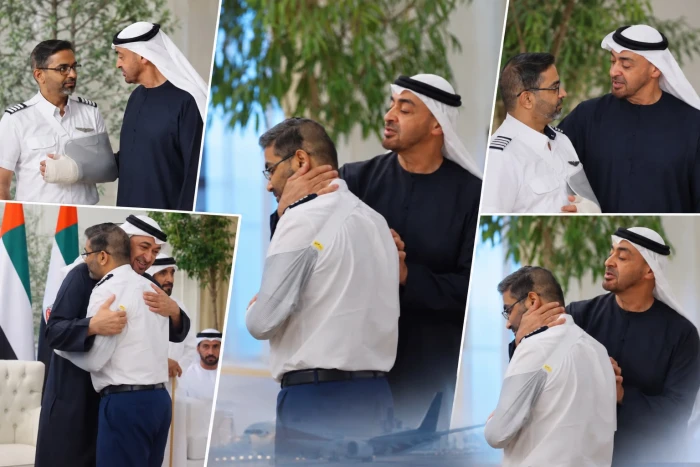 بالفيديو.. رئيس الإمارات يحتضن قائد طائرة «فلاي دبي» المصاب ويتفقد مكان إصابته