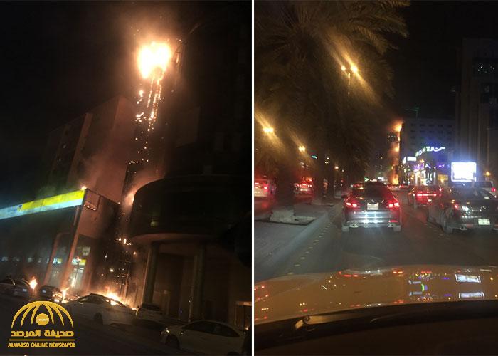 شاهد..لحظة اندلاع النيران في أحد الأبراج على طريق الملك فهد بالرياض