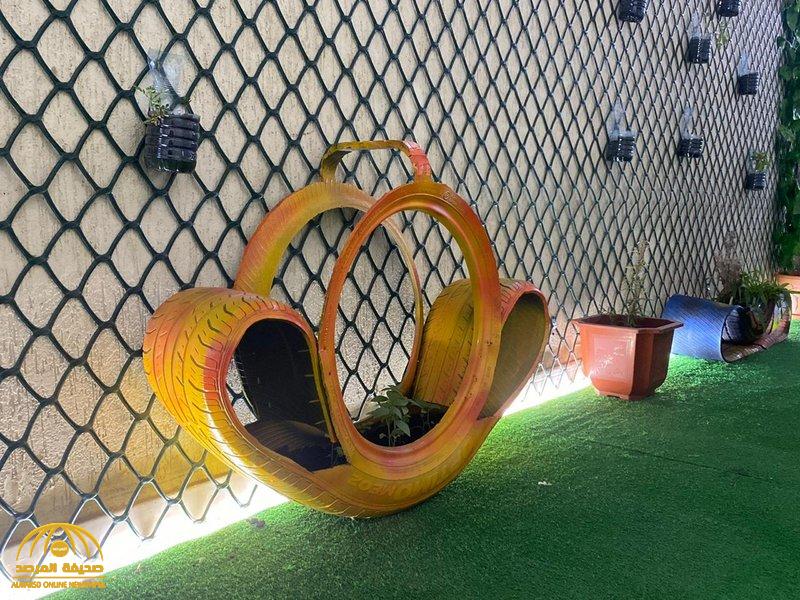 شاهد .. معلم في مكة يحول إطارات السيارات لتحف فنية ويزرع فيها النباتات