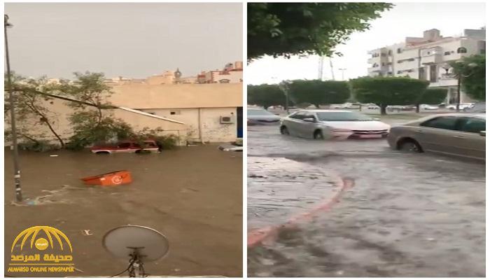 شاهد.. سيول قوية في الطائف تجرف ما في طريقها بالشوارع ومنسوب المياه يغرق السيارات!
