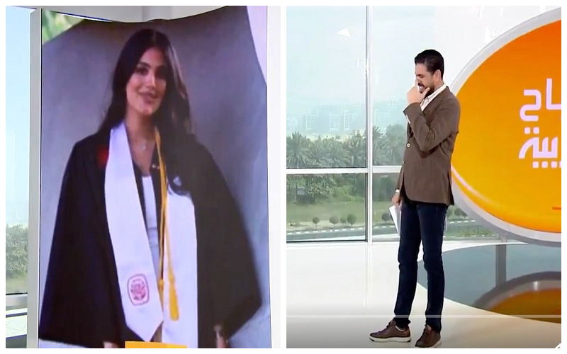 شاهد ..  لحظة تأثر مذيع قناة العربية "عادل عيدان" حين تفاجأ بصورة ابنته داخل الاستوديو