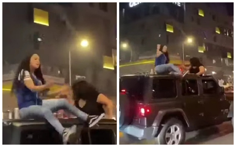 شاهد.. سقوط مروع لفتاة  أثناء احتفالها من  أعلى سقف سيارة "جيب"