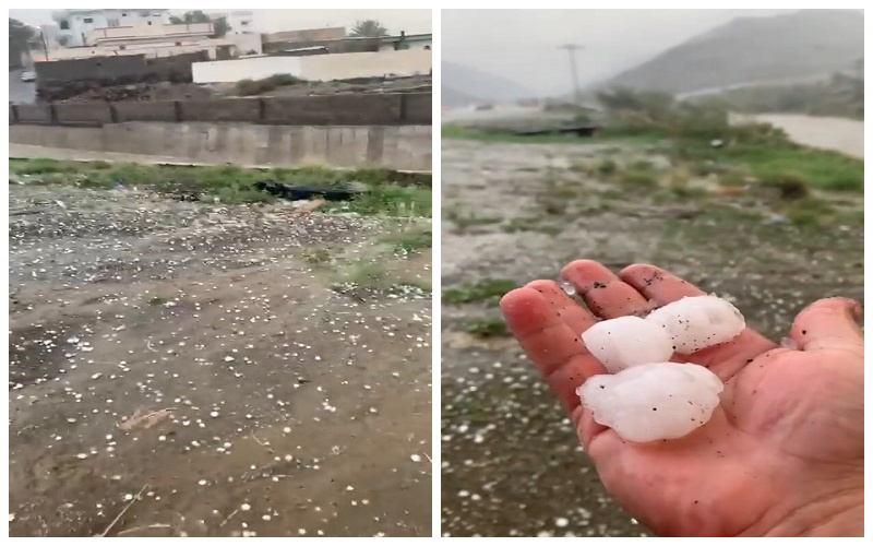 شاهد.. هطول أمطار مصحوبة بـ"بَرَد" بحجم "الكرات" الصغيرة على تندحة في "خميس مشيط"