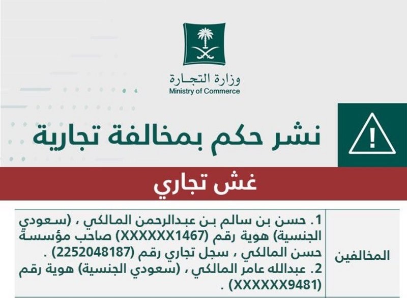 "التجارة" تشهّر بالمواطنيْن "حسن وعبدالله المالكي" بالأحساء.. والكشف عن عقوبتهما والمخالفة التي أدينا بها