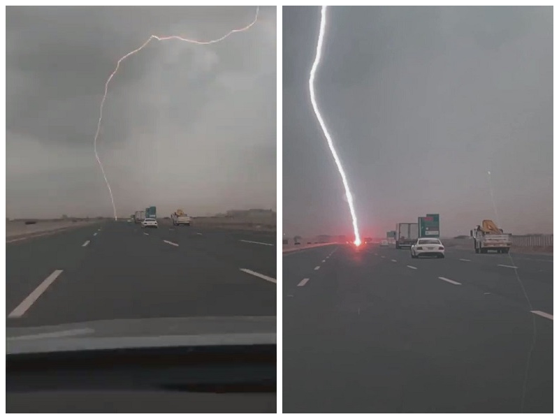شاهد.. صاعقة  قوية  تضرب طريقاً سريعاً جنوب جدة أثناء سير المركبات