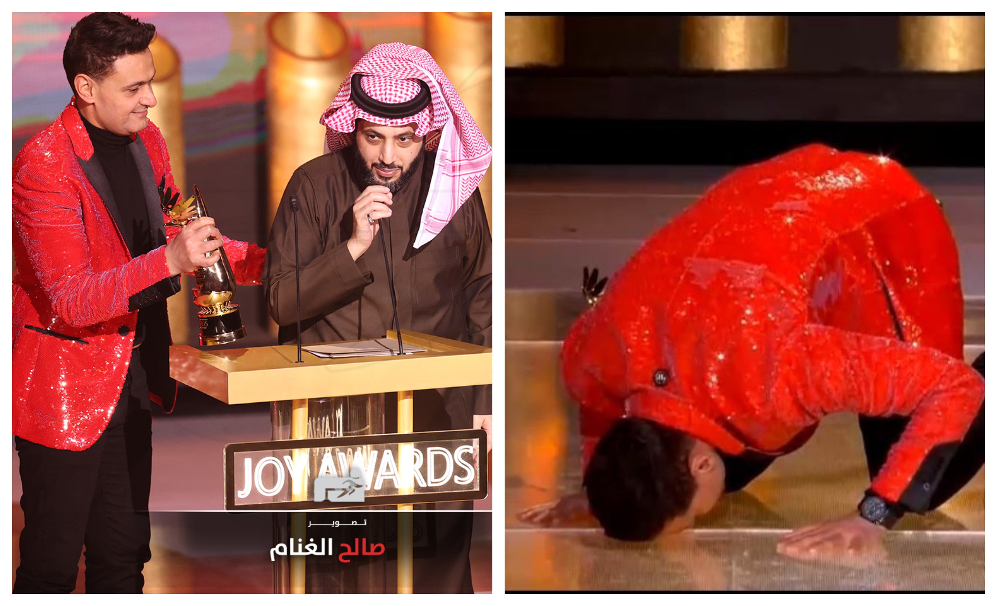 شاهد: لحظة سجود رامز جلال بعد تكريمه بالرياض ويوجه طلبًا لـ محمد عبده.. وهكذا مازحه تركي آل الشيخ 