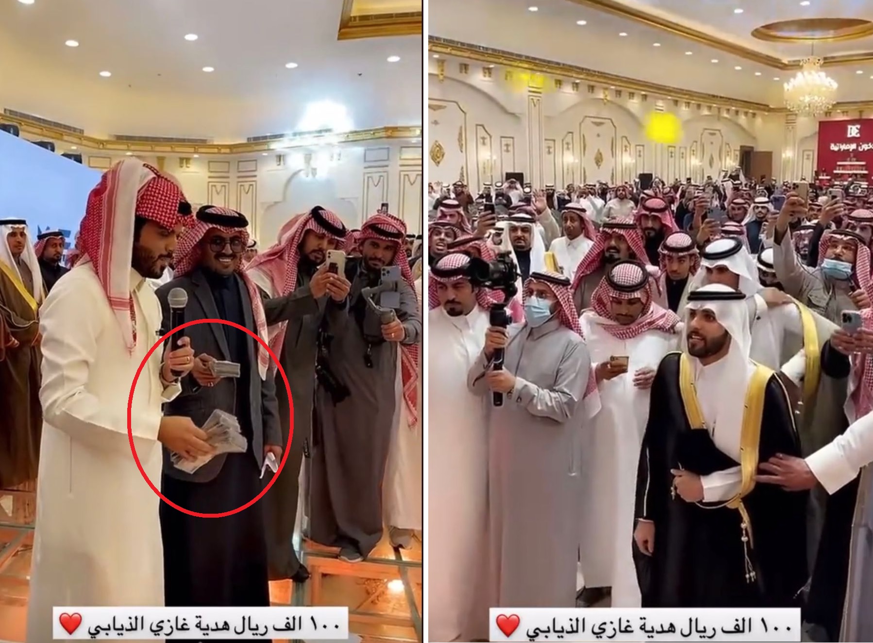 شاهد: غازي الذيابي يقدم هدية 100 ألف ريال لـ “المطيري” في حفل زواجه.. ويعلق: “علي بالحرام ما يرجع ريال”