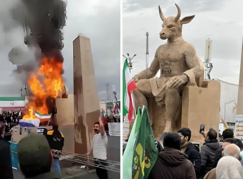 بالفيديو.. إيرانيون يحرقون  دمية كُتب عليها اسم "بعل" ويهتفون الموت لإسرائيل