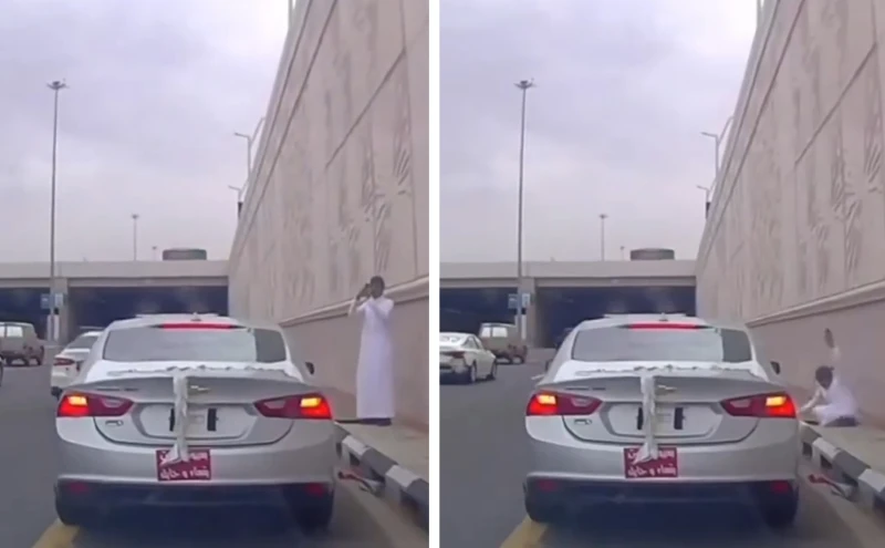 بالفيديو: لحظة سقوط شاب في فتحة تصريف أمطار أثناء انشغاله بتصوير سيارة