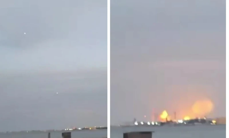 لحظة سقوط صاروخ باليستي إيراني على مصفاة نفط في البحرين