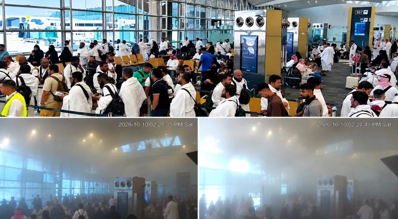 قبل وقوع الاعتداء الحوثي الإرهابي على مطار الملك خالد بالرياض بلحظات … معتمرون يرتدون ملابس الإحرام يستعدون للسفر لأداء مناسك العمرة