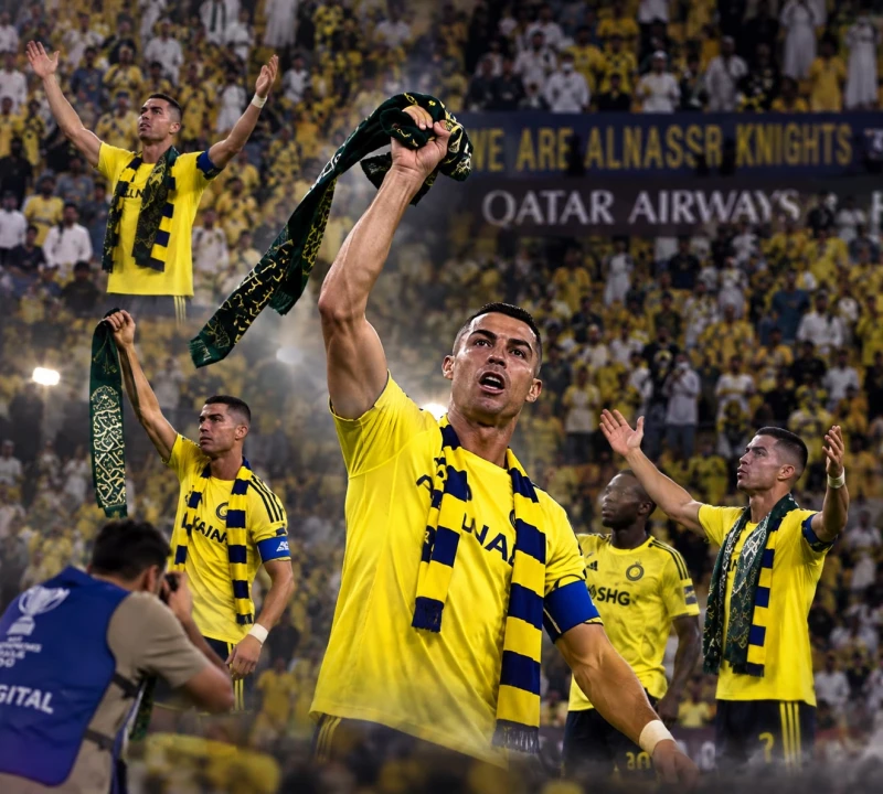 بالفيديو.. رونالدو يرفع شال المملكة أمام جماهير النصر ويقبّل شعار السيفين والنخلة على قميصه